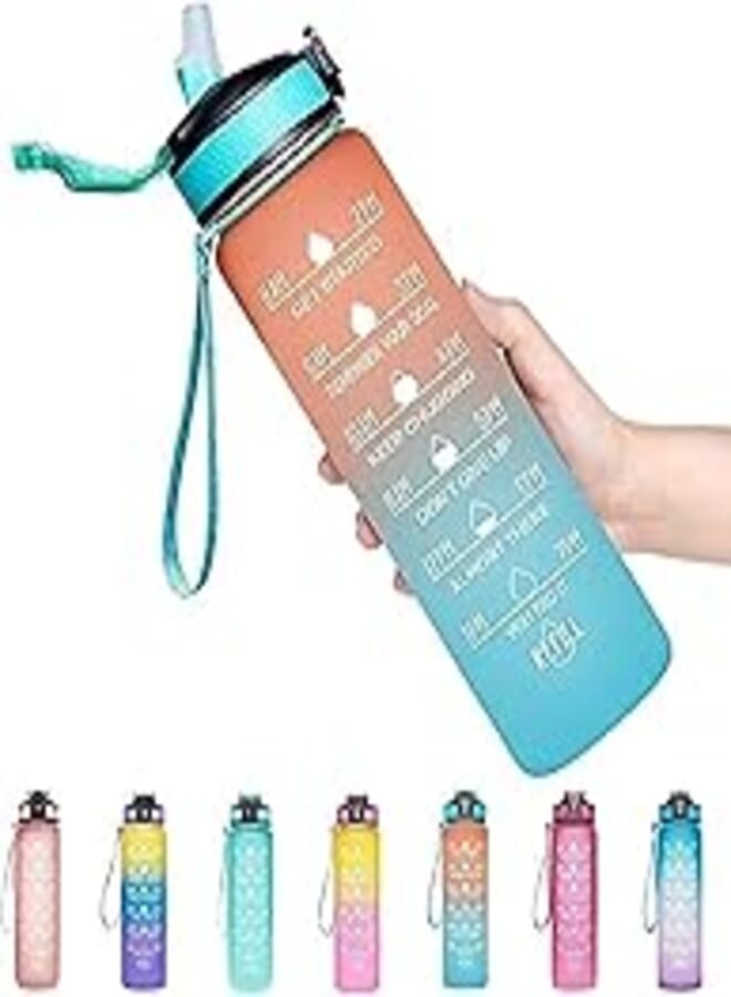 Water Bottle 1L (32OZ), BPA Free Motivational Water Bottle with Time Marker Water Bottle for Kids Anti-slip for Gym, Camping and Outdoor Sports multi colors