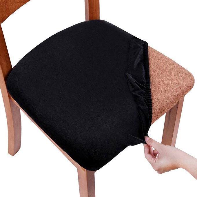 VELVET SEAT COVERS FOR DINING ROOM CHAIR SET OF 4 STRETCH FIT REMOVABLE WASHABLE CHAIR SEAT CUSHION PROTECTOR SLIPCOVERS WITH TIES BLACK