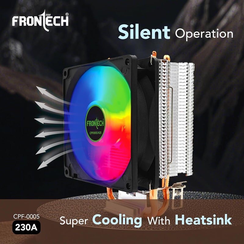 FRONTECH CPU Air Cooler with RGB Fan | 90mm 1800 RPM | Dual Copper Heat Pipes | Silent Operation | Intel LGA1700/1200/115x & AMD AM5/AM4/AM3 Compatible | Easy Installation | 3-Pin Connector (CPF-0005) - Image 4