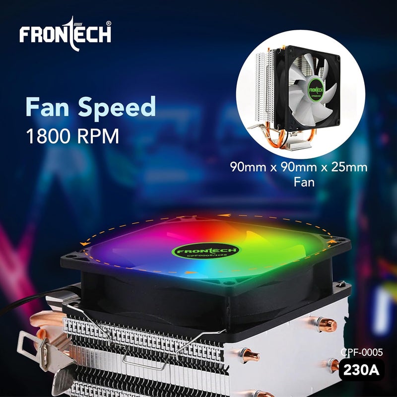 FRONTECH CPU Air Cooler with RGB Fan | 90mm 1800 RPM | Dual Copper Heat Pipes | Silent Operation | Intel LGA1700/1200/115x & AMD AM5/AM4/AM3 Compatible | Easy Installation | 3-Pin Connector (CPF-0005) - Image 2