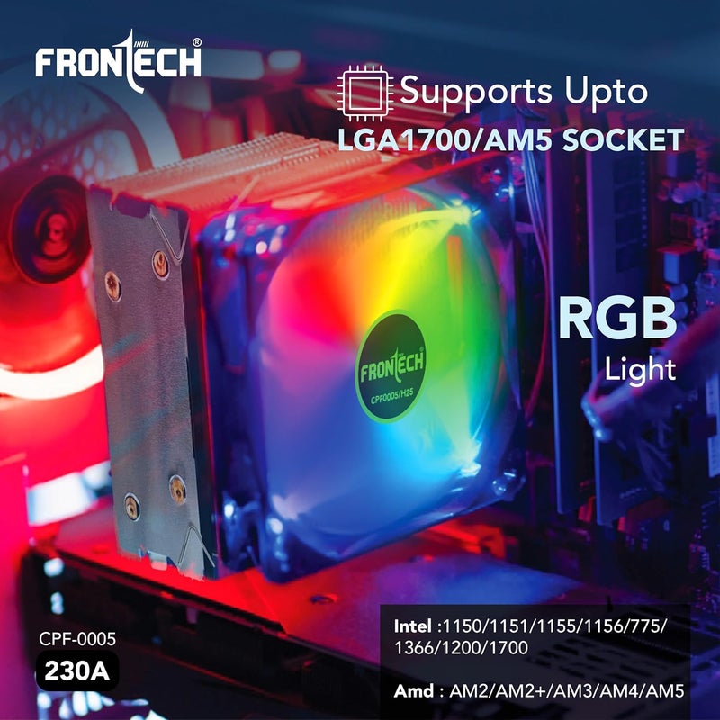 FRONTECH CPU Air Cooler with RGB Fan | 90mm 1800 RPM | Dual Copper Heat Pipes | Silent Operation | Intel LGA1700/1200/115x & AMD AM5/AM4/AM3 Compatible | Easy Installation | 3-Pin Connector (CPF-0005) - Image 3