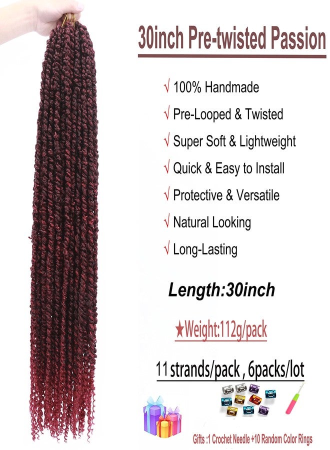 Flagship Passion Twist Hair 30 inch PreTwisted Long Passion Twist Burgundy Crochet Hair, Ombre Red 6 Packs Bohemian Crochet Pre Looped Braids Hair for Black Women Water Wave Hair Extensions - Image 2