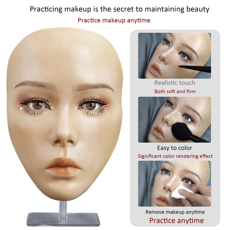 getpuchra 5D makeup Practice Face Board, Silicone Makeup Mannequin Face, Reusable Beginner Practice Eye Makeup Face, Eye Fake Silicone, Makeup Artist Full Face Practice Eyelash Eye Shadow Eyeliner Pen Simulatio - Image 2
