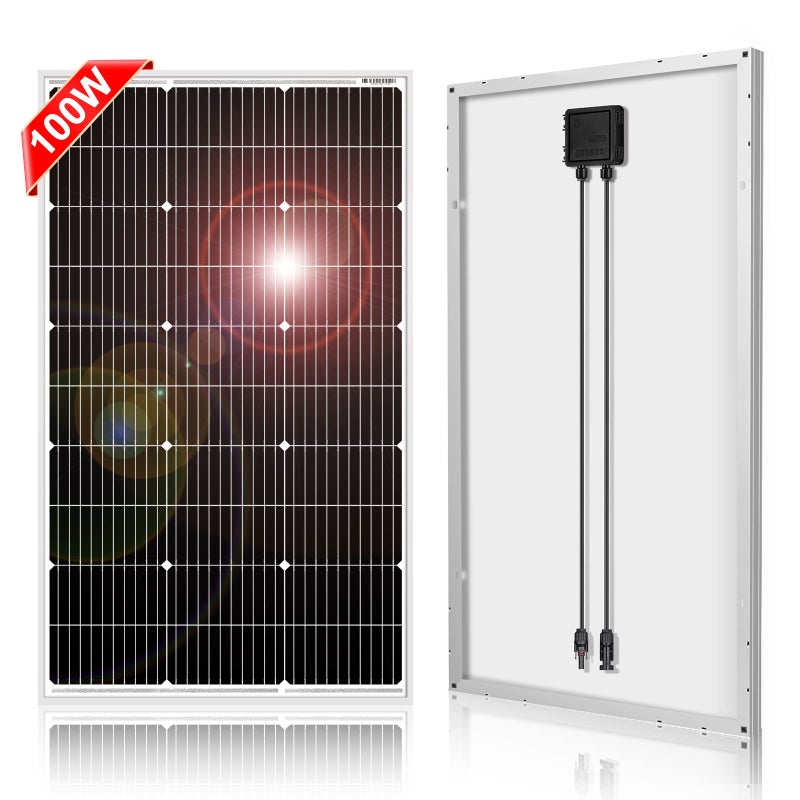 DOKIO 100W 18V Monocrystalline Solar Panel for 12V Battery Charging, Glass Module with Aluminum Frame, MC4 Connector, Pre-Drilled Holes for Rooftop, RV, Boat, Off-Grid Power - Image 1