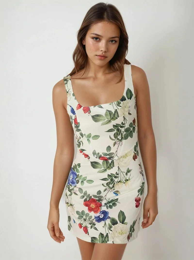 زوبعة فستان قصير ضيق بياقة مربعة وطبعة زهور