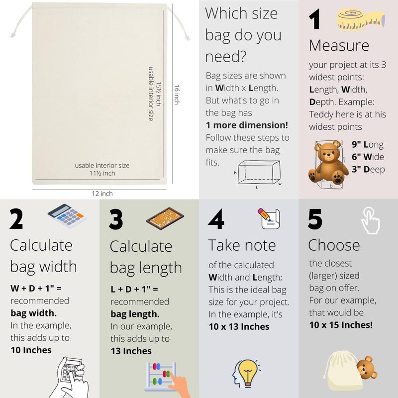 DR 100 Percent Cotton Muslin Drawstring Bags For Shoes Storage Pantry Gifts (12 x 16 inch - 6 pack, Beige) - Image 2