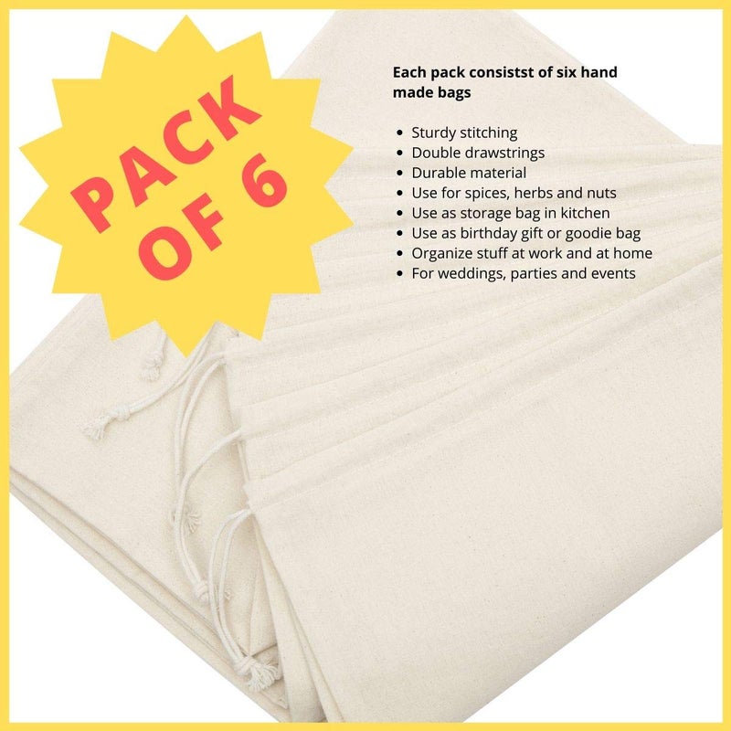 DR 100 Percent Cotton Muslin Drawstring Bags For Shoes Storage Pantry Gifts (12 x 16 inch - 6 pack, Beige) - Image 3