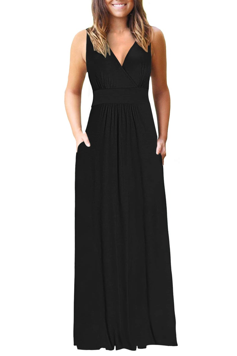 AUSELILY Women's Sleeveless Formal Dress Deep V Neck Loose Plain Cocktail Long Maxi Dresses with Pockets 2026 New Black M - Image 1