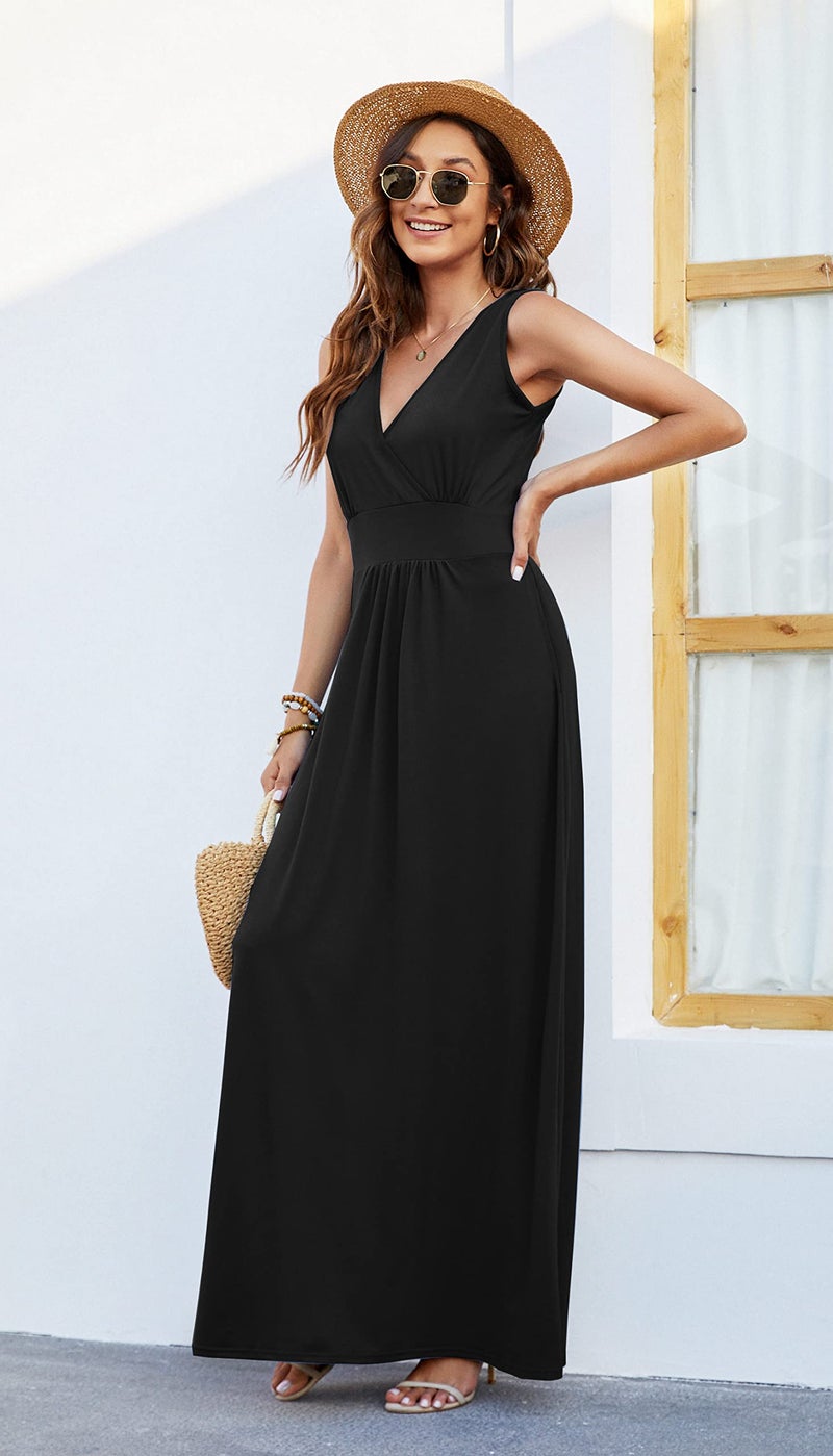 AUSELILY Women's Sleeveless Formal Dress Deep V Neck Loose Plain Cocktail Long Maxi Dresses with Pockets 2026 New Black M - Image 2