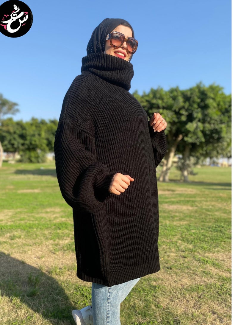 سِتر بلوفر تريكو طويل اوفر سايز - اسود - Image 1