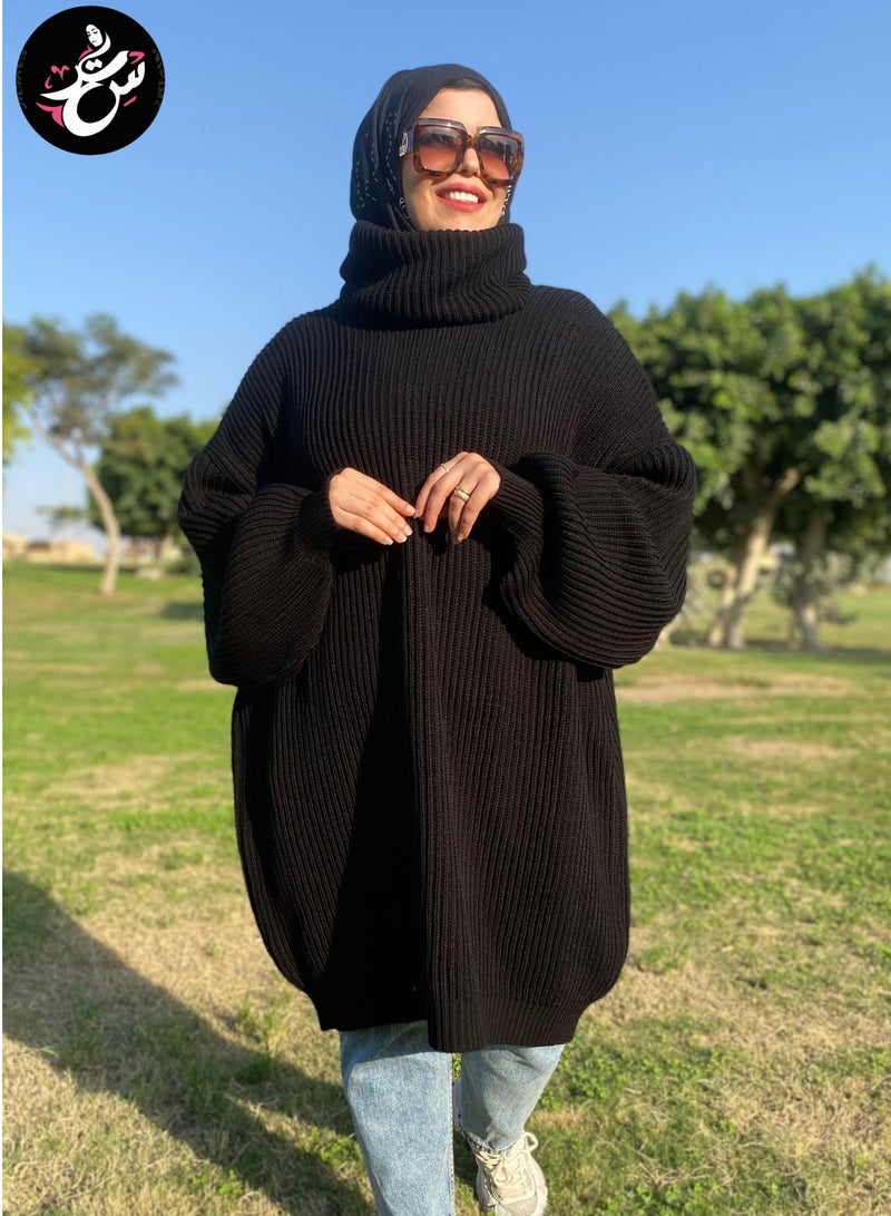 سِتر بلوفر تريكو طويل اوفر سايز - اسود - Image 2