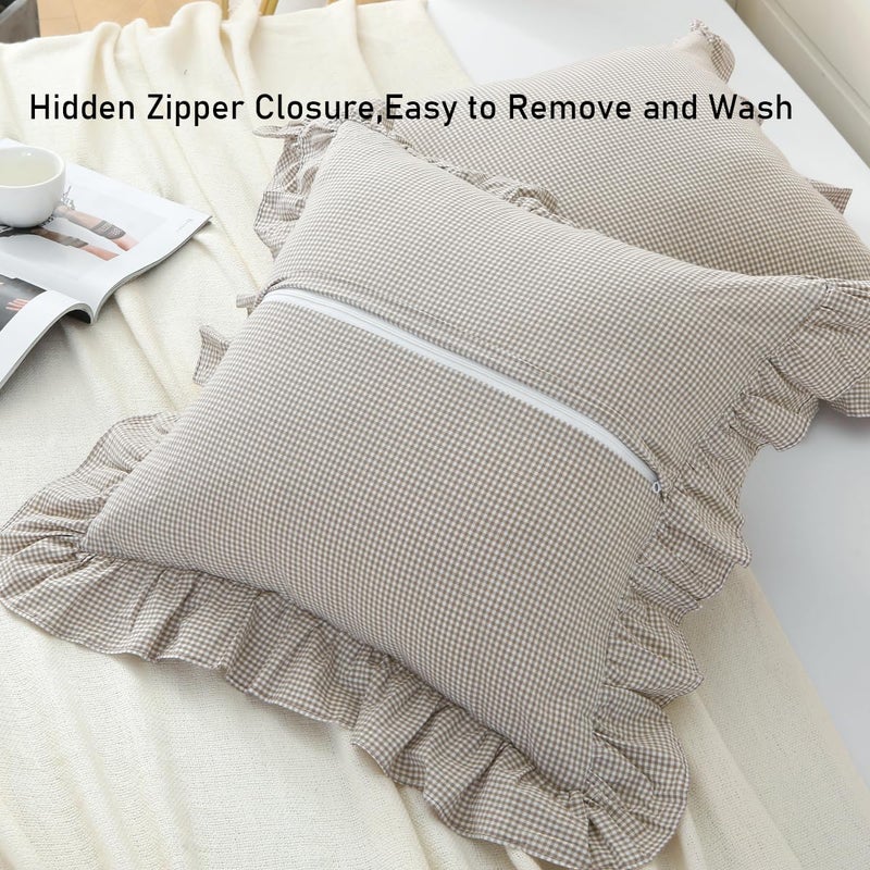 Silnuo Brown/White Ruffle Plaid Throw Pillow Covers Farmhouse Checkered Gingham Pillowcases 24"x24" Pillow Shams for Couch,Sofa,Bed and Living Room - Image 3