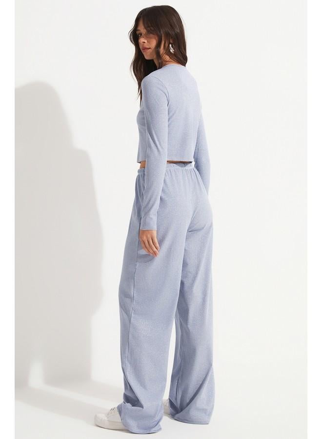 JUNE Women Viscose Blend Button Detailed Blouse Trouser Set Blue - Image 5