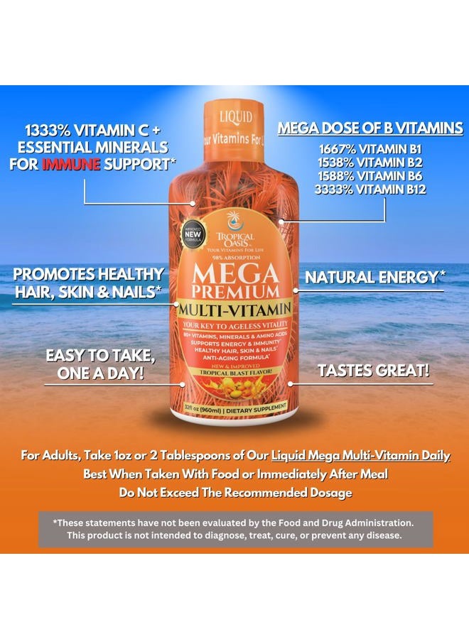 Tropical Oasis Mega Premium Liquid Multivitamin | Natural Immune Support Vitamin w/ 1333% Vitamin C, 200% D3, Zinc + 20 Vitamins, 70 Minerals, & 21 Amino Acids | Sugar Free | Orange Flavor | 98% Absorption | 32 Serv - Image 4