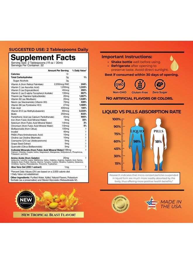 Tropical Oasis Mega Premium Liquid Multivitamin | Natural Immune Support Vitamin w/ 1333% Vitamin C, 200% D3, Zinc + 20 Vitamins, 70 Minerals, & 21 Amino Acids | Sugar Free | Orange Flavor | 98% Absorption | 32 Serv - Image 2