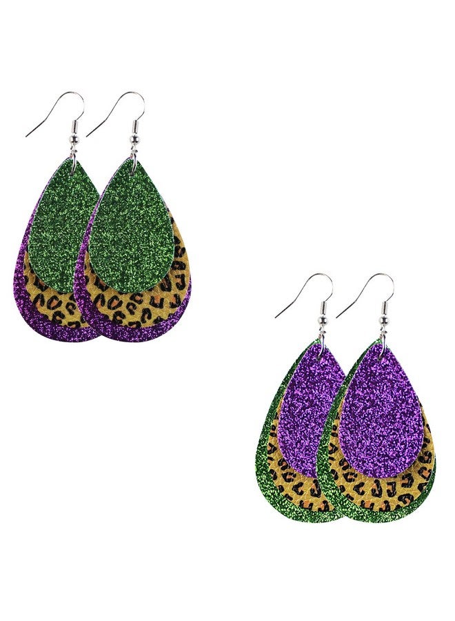 INENIMARTJ Mardi Gras Earrings For Women, Multilayer Patchwork Leather Earrings, Carnival Theme Pattern Printed Faux Leather Earrings, Mardi Gras Dangle Earrings For Holiday Mardi Gras (A) - Image 1