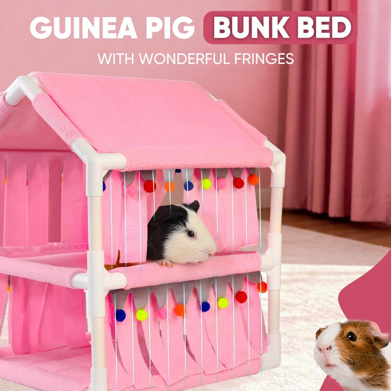 ONEJU Guinea Pig Loft Bed - Small Pet Bunk Bed, Guinea Pig Hammock with Fleece Forest Hideout, Ideal for Rabbits, Ferrets and Chinchillas, Pink - Image 2