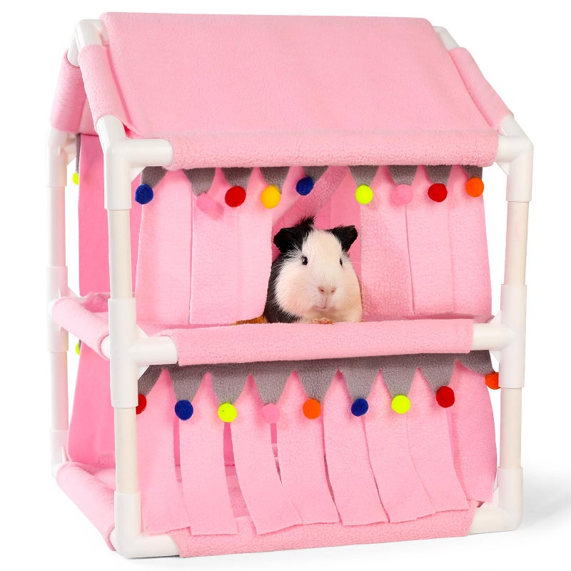 ONEJU Guinea Pig Loft Bed - Small Pet Bunk Bed, Guinea Pig Hammock with Fleece Forest Hideout, Ideal for Rabbits, Ferrets and Chinchillas, Pink - Image 1