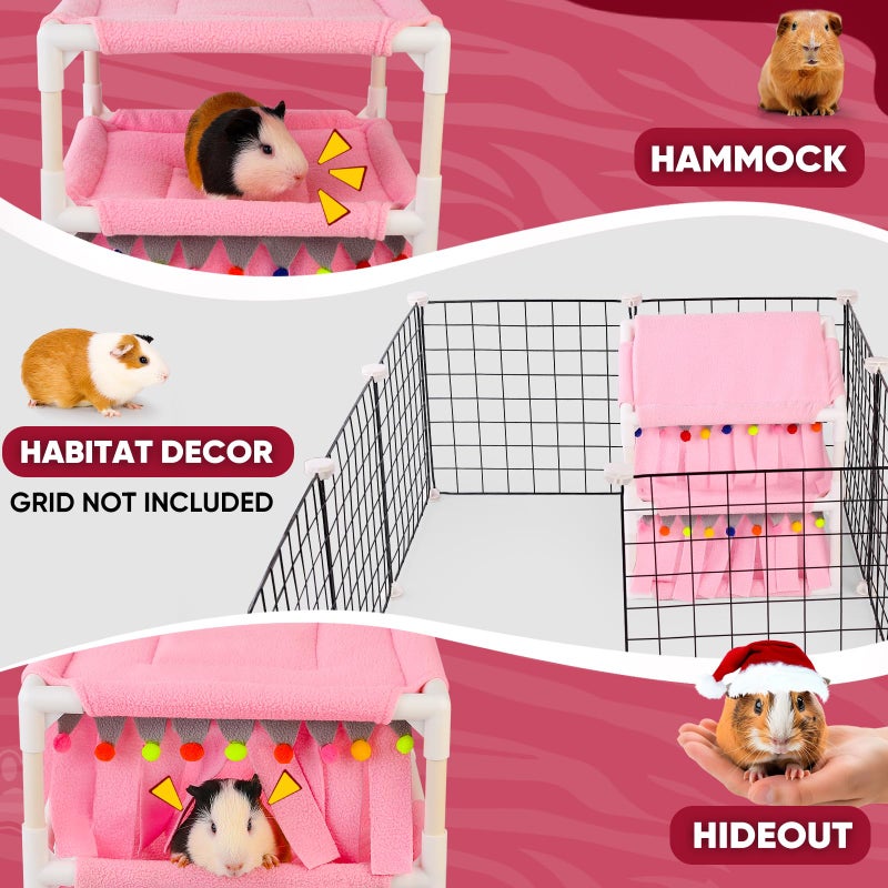 ONEJU Guinea Pig Loft Bed - Small Pet Bunk Bed, Guinea Pig Hammock with Fleece Forest Hideout, Ideal for Rabbits, Ferrets and Chinchillas, Pink - Image 3