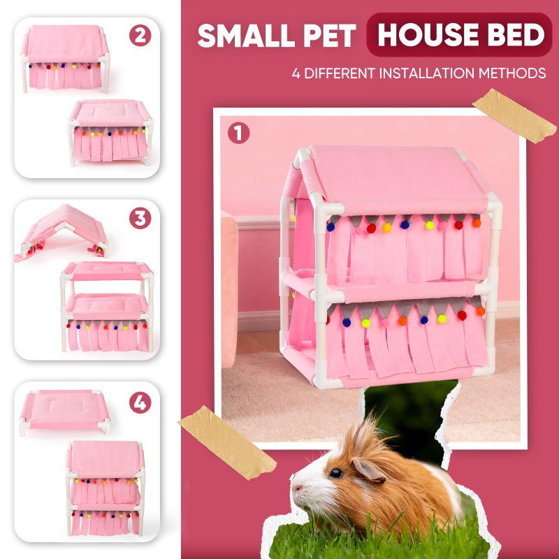 ONEJU Guinea Pig Loft Bed - Small Pet Bunk Bed, Guinea Pig Hammock with Fleece Forest Hideout, Ideal for Rabbits, Ferrets and Chinchillas, Pink - Image 5