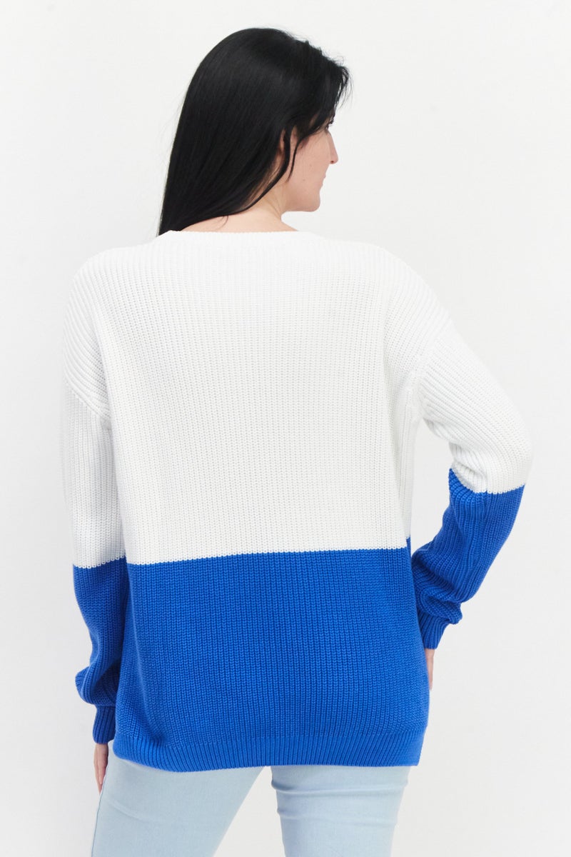 Aigle Women Crew Neck Two Tone Sweater, Blue - Image 3