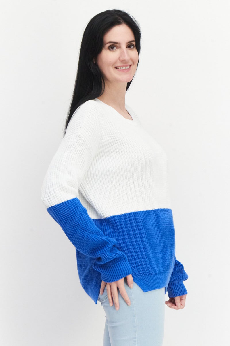 Aigle Women Crew Neck Two Tone Sweater, Blue - Image 4