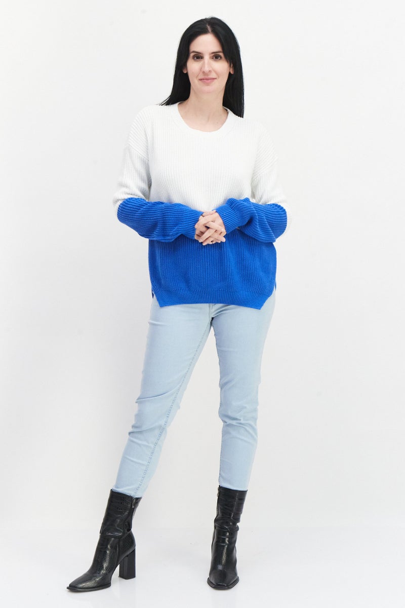 Aigle Women Crew Neck Two Tone Sweater, Blue - Image 2