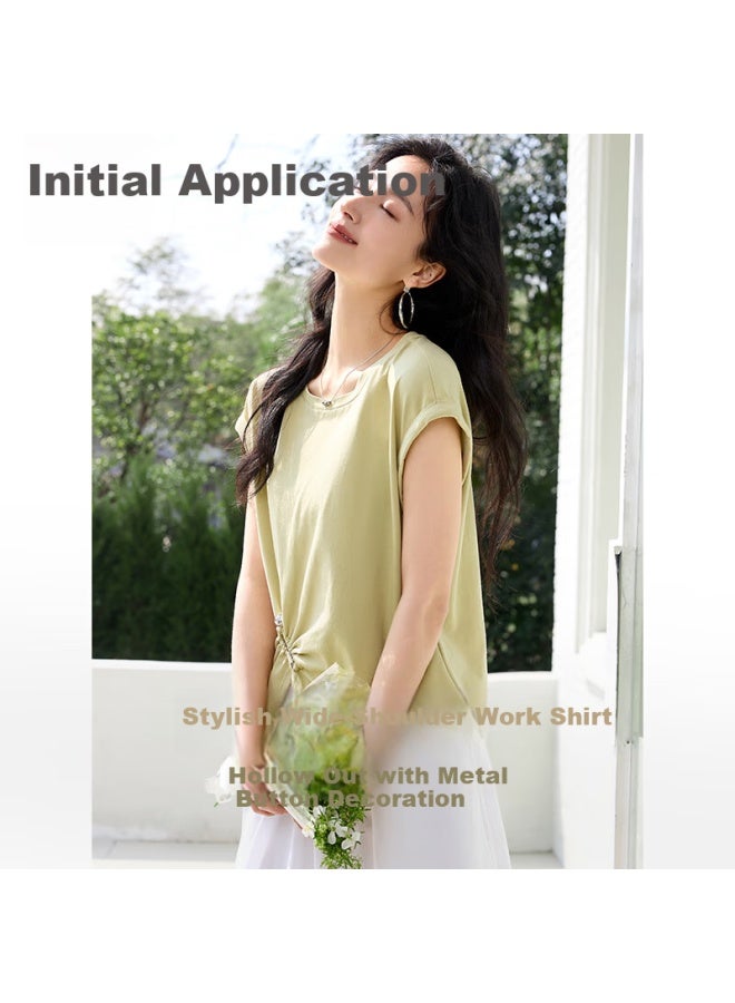 First Application Chushen Summer Short Sleeve T-Shirt Women'S Fashion Round Neck Hollow Out Waist Twist Design Sense Top S52T051 - Image 1