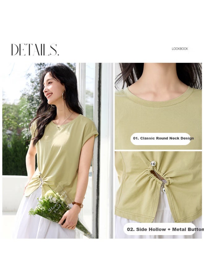 First Application Chushen Summer Short Sleeve T-Shirt Women'S Fashion Round Neck Hollow Out Waist Twist Design Sense Top S52T051 - Image 2