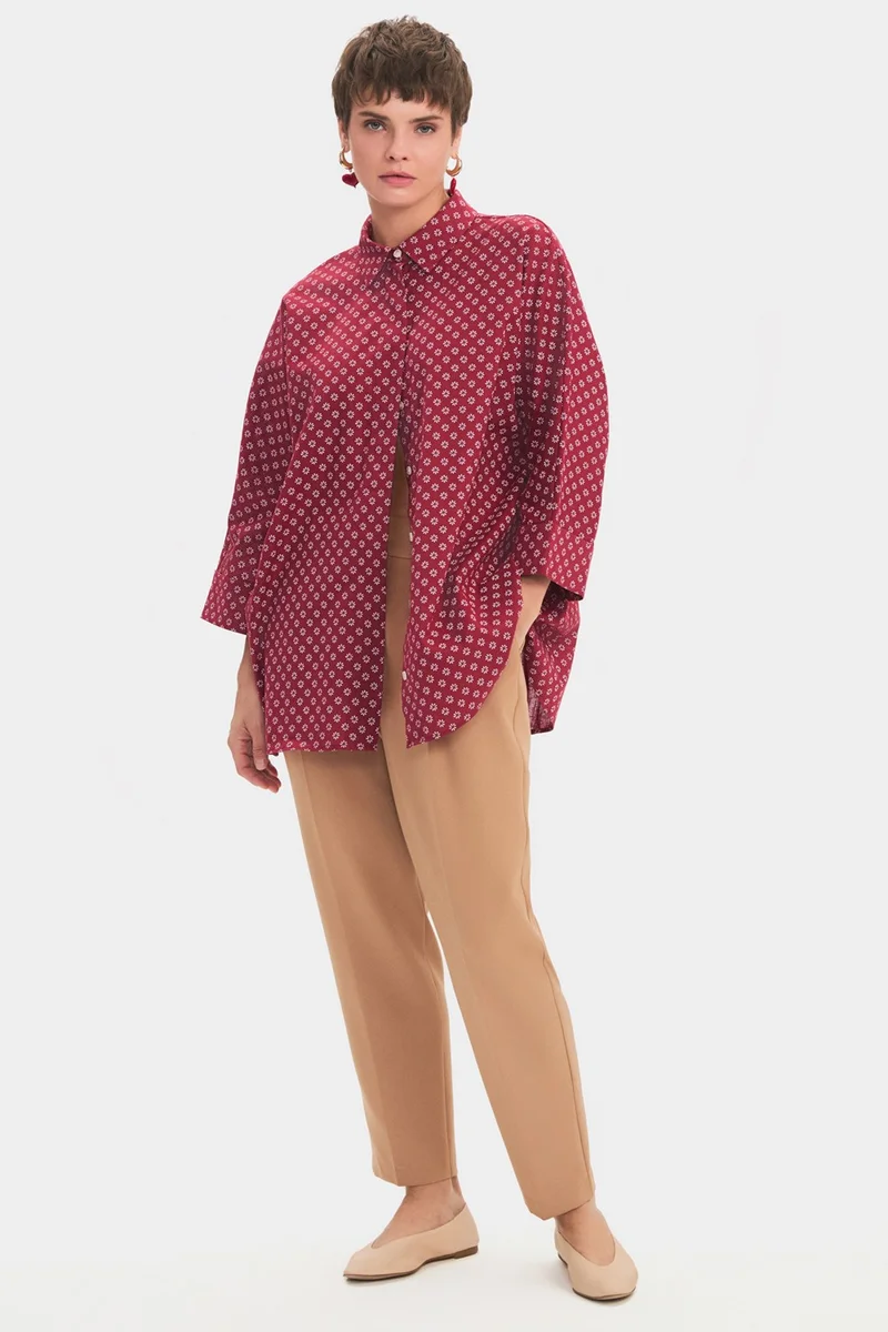 JUNE Women's Exclusive Wide Cut Red Floral Patterned Cotton Shirt