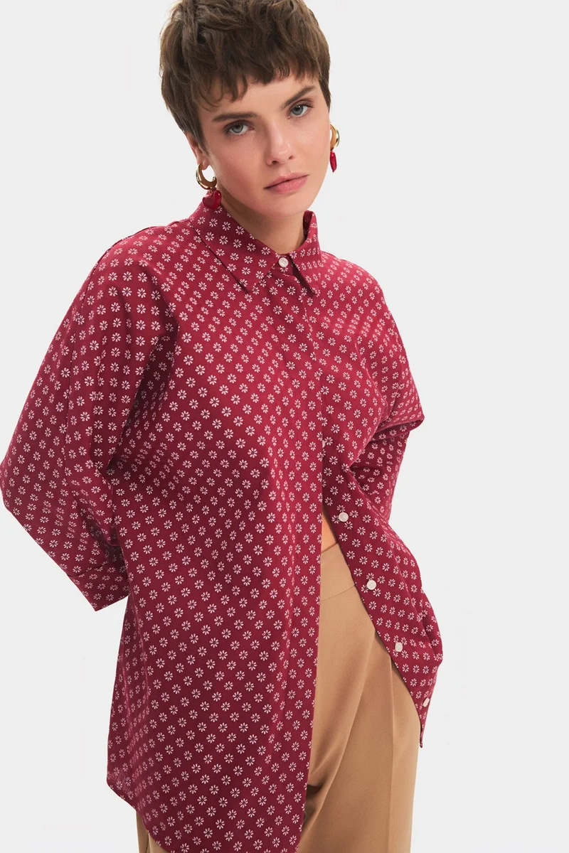JUNE Women's Exclusive Wide Cut Red Floral Patterned Cotton Shirt