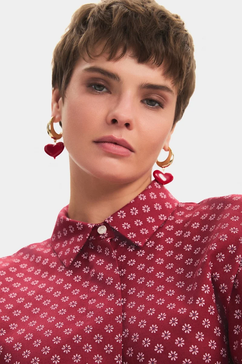 JUNE Women's Exclusive Wide Cut Red Floral Patterned Cotton Shirt