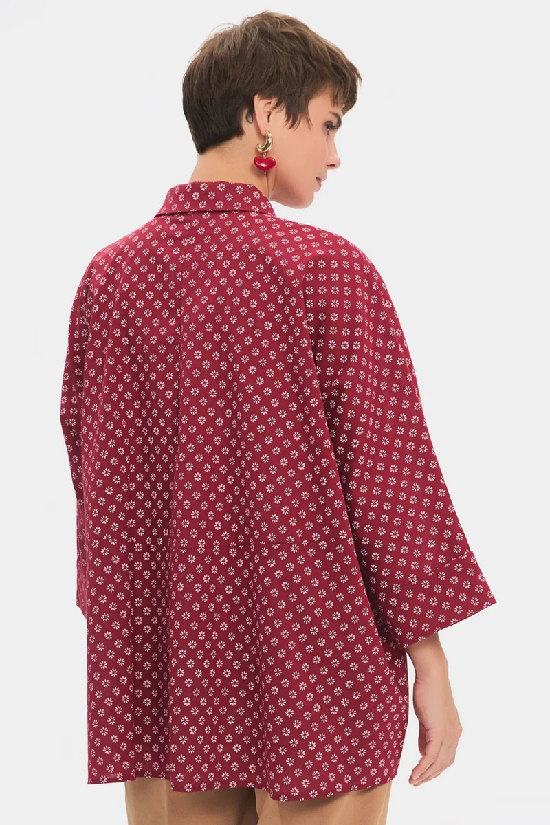 JUNE Women's Exclusive Wide Cut Red Floral Patterned Cotton Shirt