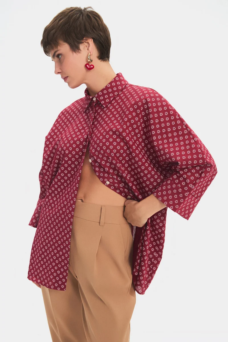 JUNE Women's Exclusive Wide Cut Red Floral Patterned Cotton Shirt