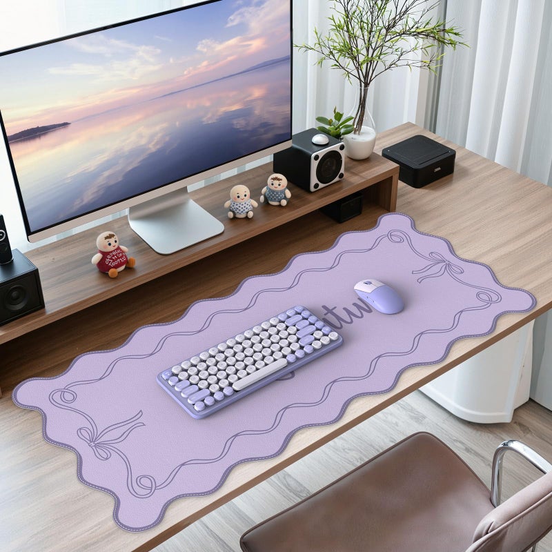 iCasso Purple Office Decor for Women, Scalloped Desk Cover Mat, Large Mouse Pad, Leather Waterproof Accessories Blotter, Non-Slip Mousepad for Organizer Office Dorm Supplies Teacher Girly - Image 1