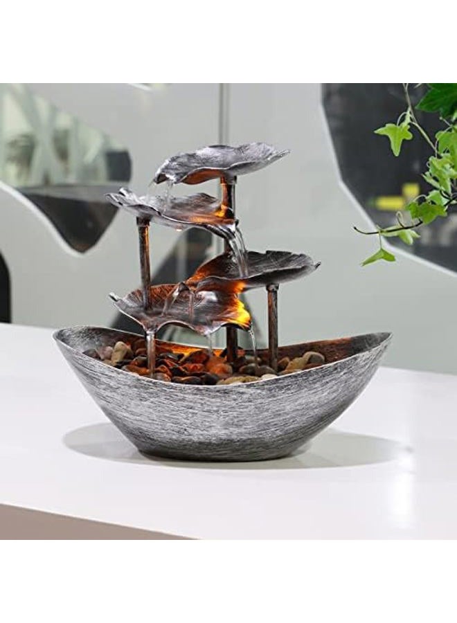 CHUNBANGDM Creative Ingot Lotus Leaf Flowing Water Tabletop Fountain with LED Night Light, Automatic Pump USB Desk Fountain Home Office Decor(Silver) - Image 3