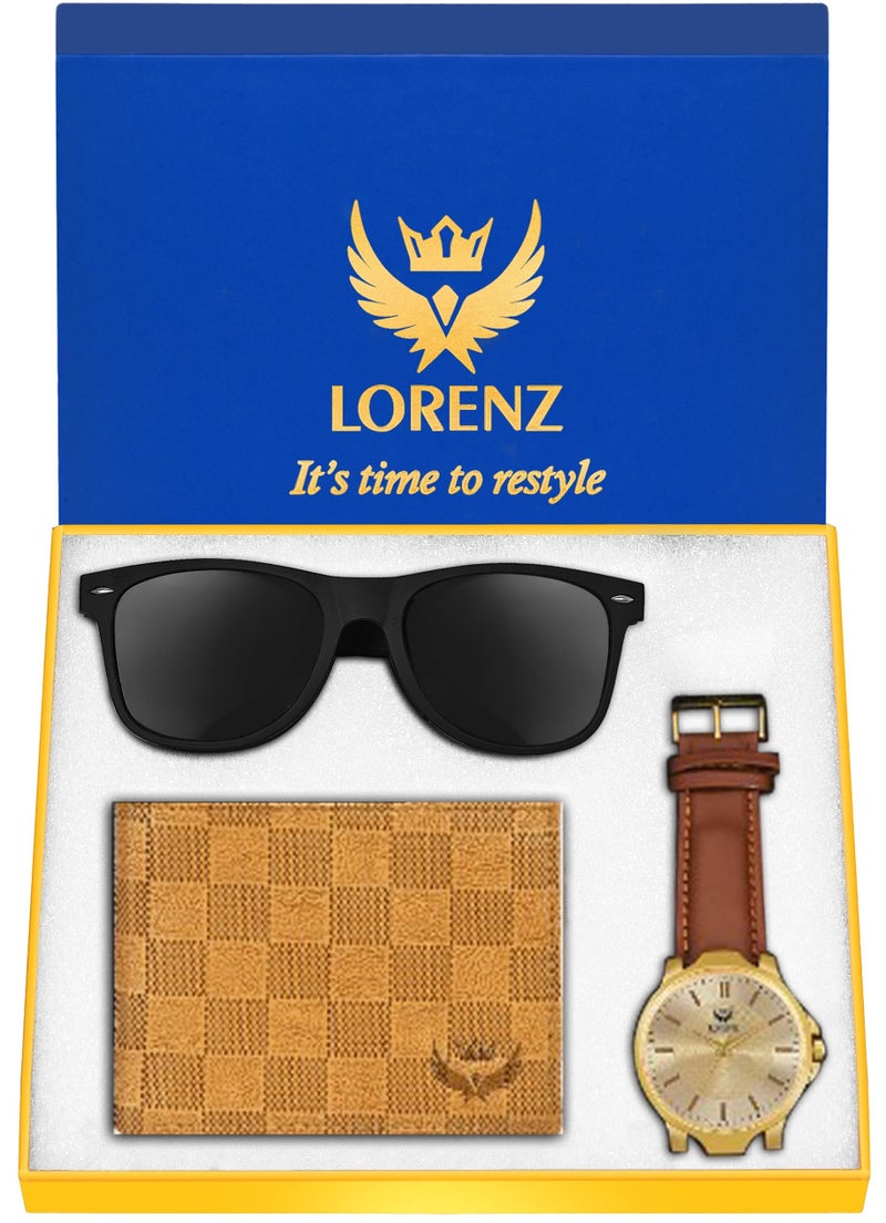 LORENZ Gift Combo Box of Men's Golden Dial Watch, PU Wallet & Sunglasses - Image 5