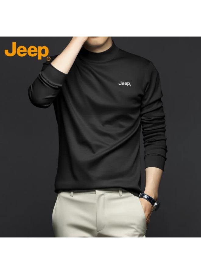 Jeep تي شيرت طويل الأكمام للرجال من جيب - ربيع خريف - نصف طوق - قطن مصبوغ - قميص أساسي - سويت شيرت - أسود - M - Image 1