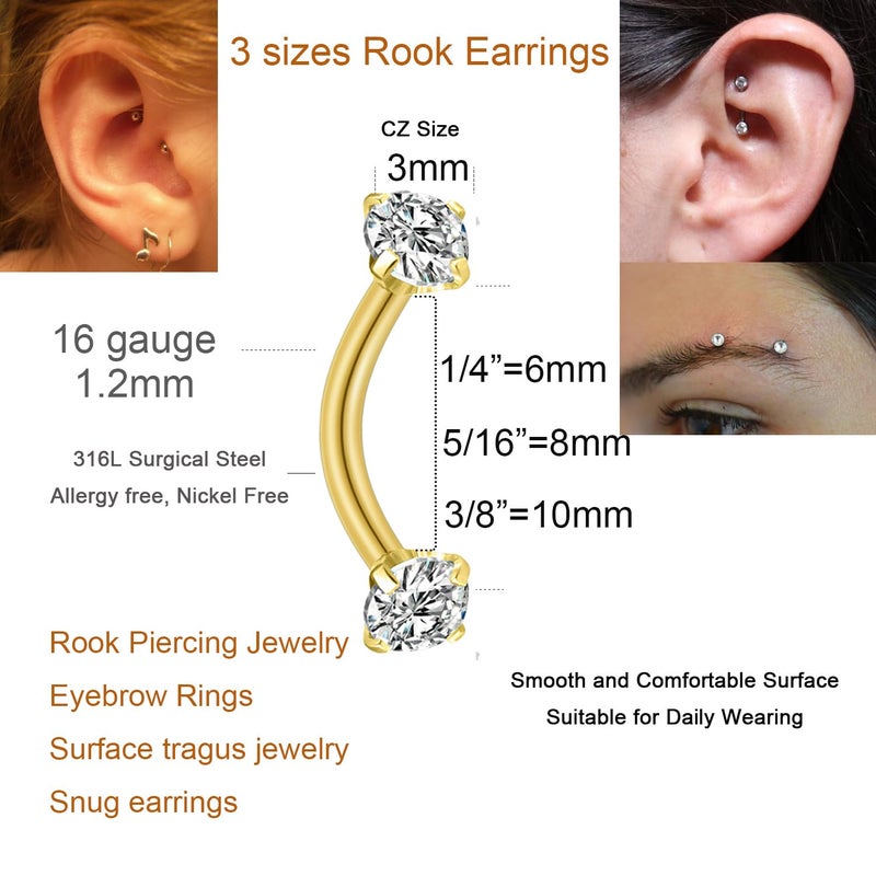 MODRSA Rook Gold Earrings and Rings - Eyebrow, Tragus, Lip Piercings, 16g Curved Barbell and Vertical Labret Styles - Image 2