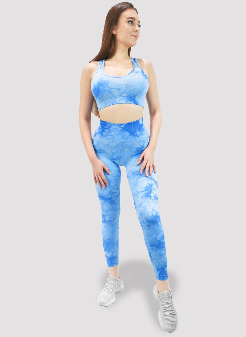 KIDWALA ACTIVE Kidwala 2 Pieces Tie Dye Set - High Waisted Leggings with Sports Strappy Back & round neck Bra Workout Gym Yoga Outfit for Women (Small, Blue) - Image 3