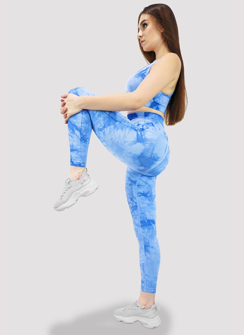 KIDWALA ACTIVE Kidwala 2 Pieces Tie Dye Set - High Waisted Leggings with Sports Strappy Back & round neck Bra Workout Gym Yoga Outfit for Women (Small, Blue) - Image 2