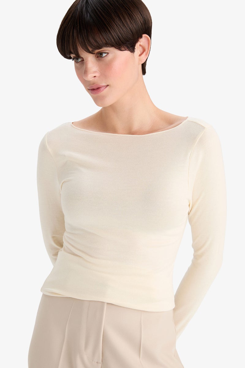 DeFacto Beige Woman Fall in Love Modal Cashmere Soft Texture Boat Neck Top Casual - Image 5