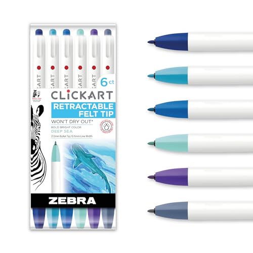 Zebra Pen CLiCKART Retractable Felt Tip Pen Assorted Ink Deep Sea Colors 06mm Fine Point Moisture Absorbing to Prevent Drying Out No Bleed Ideal for Journaling and Drawing 6Pack 69026 - Image 1