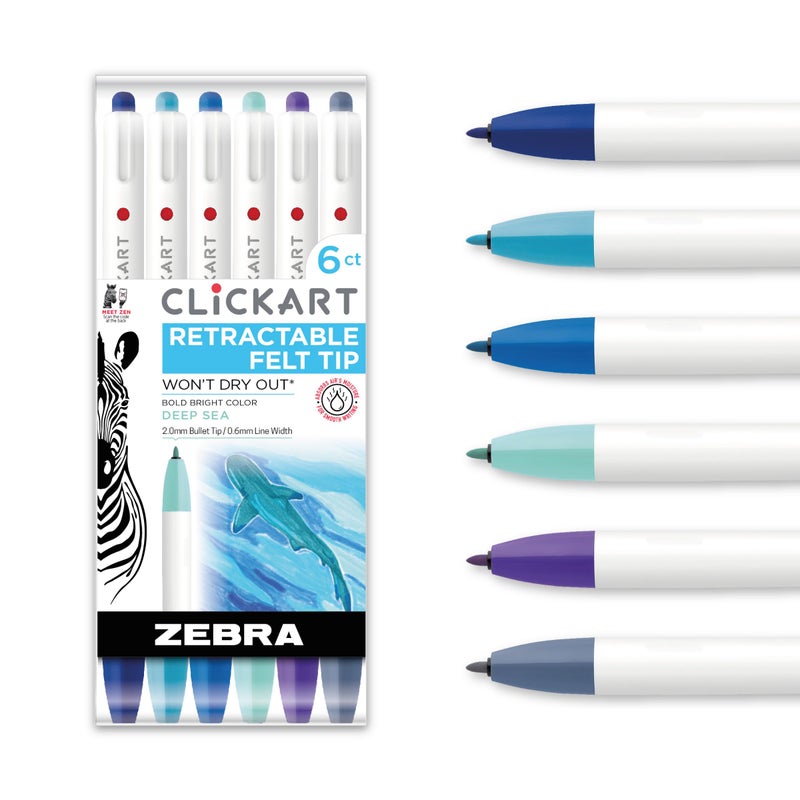 Zebra Pen CLiCKART Retractable Felt Tip Pen Assorted Ink Deep Sea Colors 06mm Fine Point Moisture Absorbing to Prevent Drying Out No Bleed Ideal for Journaling and Drawing 6Pack 69026 - Image 3
