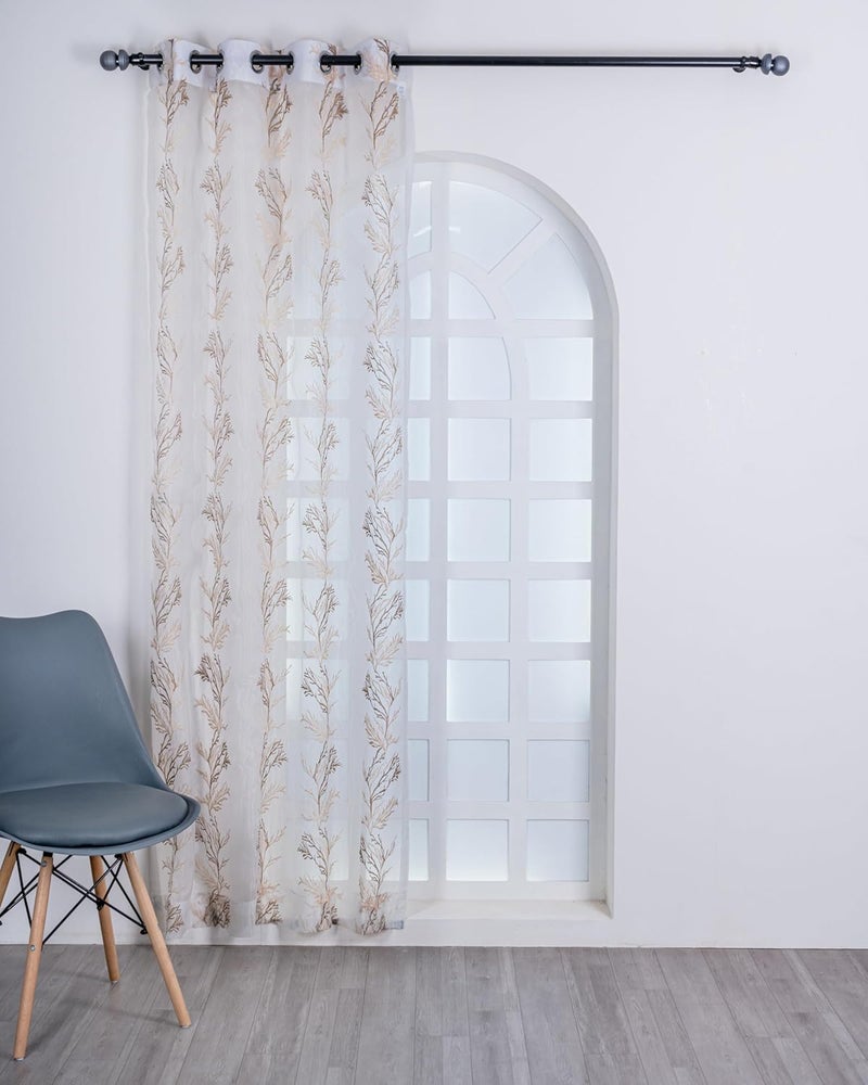 Parda Online 9Ft Brown and White Sheer Tissue with Embroidery Tree Design Eyelet Window Curtain - Pack of 2 - Image 3