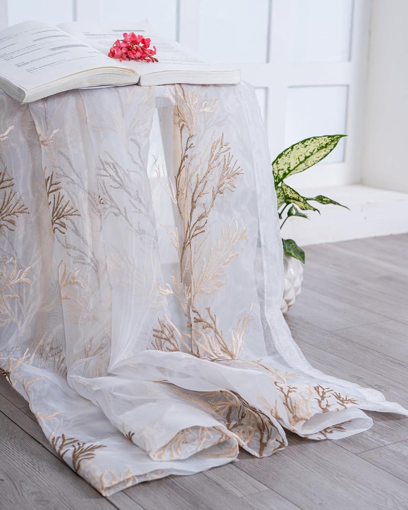 Parda Online 9Ft Brown and White Sheer Tissue with Embroidery Tree Design Eyelet Window Curtain - Pack of 2 - Image 5