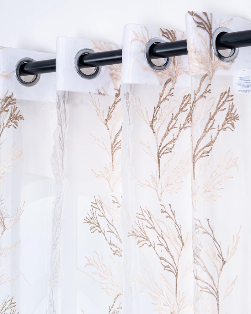 Parda Online 9Ft Brown and White Sheer Tissue with Embroidery Tree Design Eyelet Window Curtain - Pack of 2 - Image 1