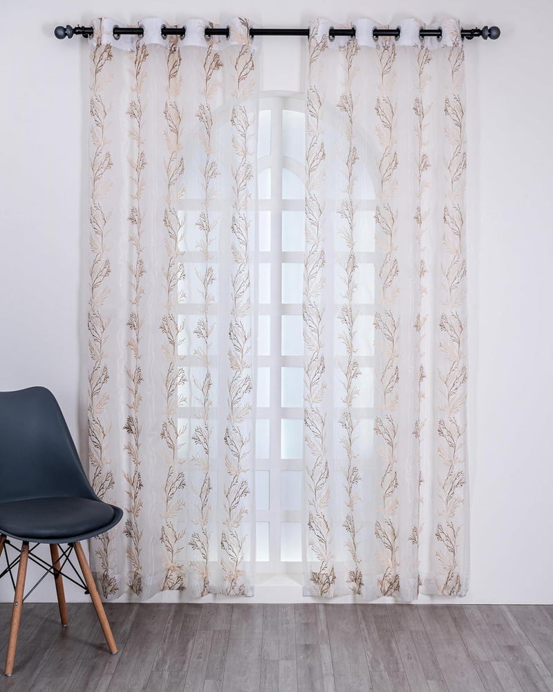 Parda Online 9Ft Brown and White Sheer Tissue with Embroidery Tree Design Eyelet Window Curtain - Pack of 2 - Image 2