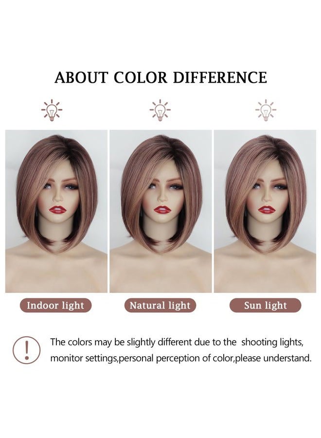TISHINING Side Part Layered Burgundy Short Bob Wigs for White Women Ombre Burgundy Mix Blonde Bob Straight Hair Wig with Dark Roots Synthetic Natural Looking Daily Party Wig(12 inch) - Image 4