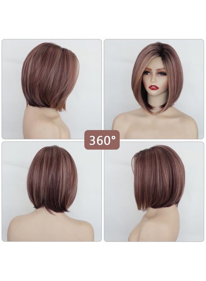 TISHINING Side Part Layered Burgundy Short Bob Wigs for White Women Ombre Burgundy Mix Blonde Bob Straight Hair Wig with Dark Roots Synthetic Natural Looking Daily Party Wig(12 inch) - Image 2